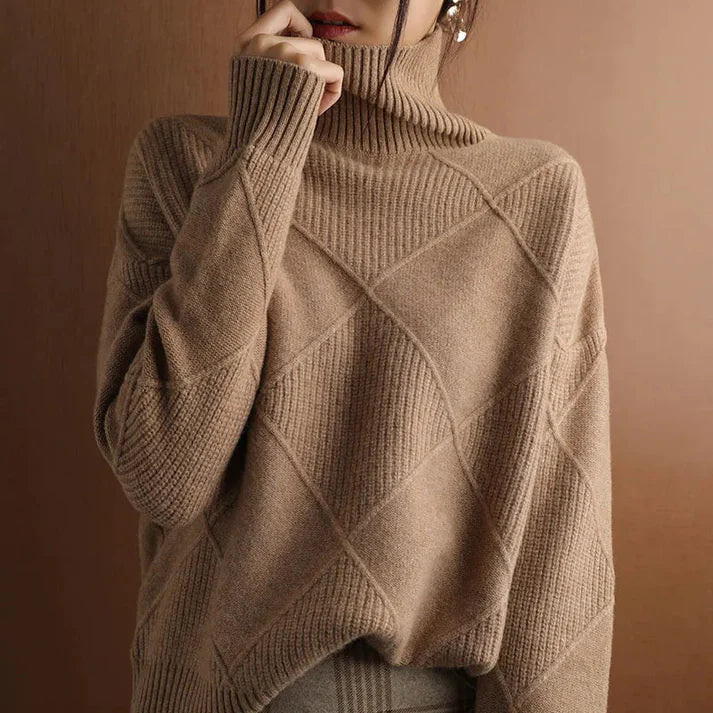Damski sweter – Oversized krój – Mieszanka wełny – Wysoka szyja – Diamentowy wzór