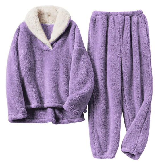 Damski | Komplet Piżamowy Fleece | V-dekolt | Luźny Krój | Ciepły i Miękki