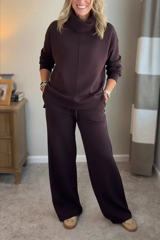 Kobieta | Zestaw Loungewear | Aya | Dzianinowy Komplet | Szerokie Spodnie | Granatowy | All-Season