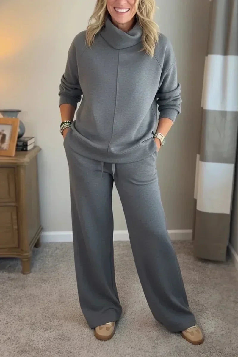 Kobieta | Zestaw Loungewear | Aya | Dzianinowy Komplet | Szerokie Spodnie | Granatowy | All-Season