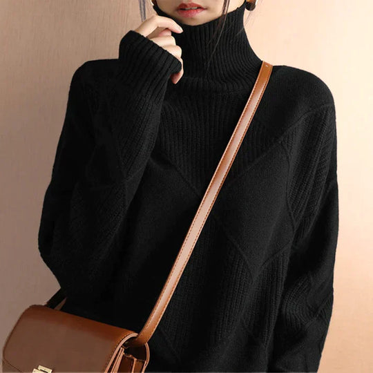 Damski sweter – Oversized krój – Mieszanka wełny – Wysoka szyja – Diamentowy wzór