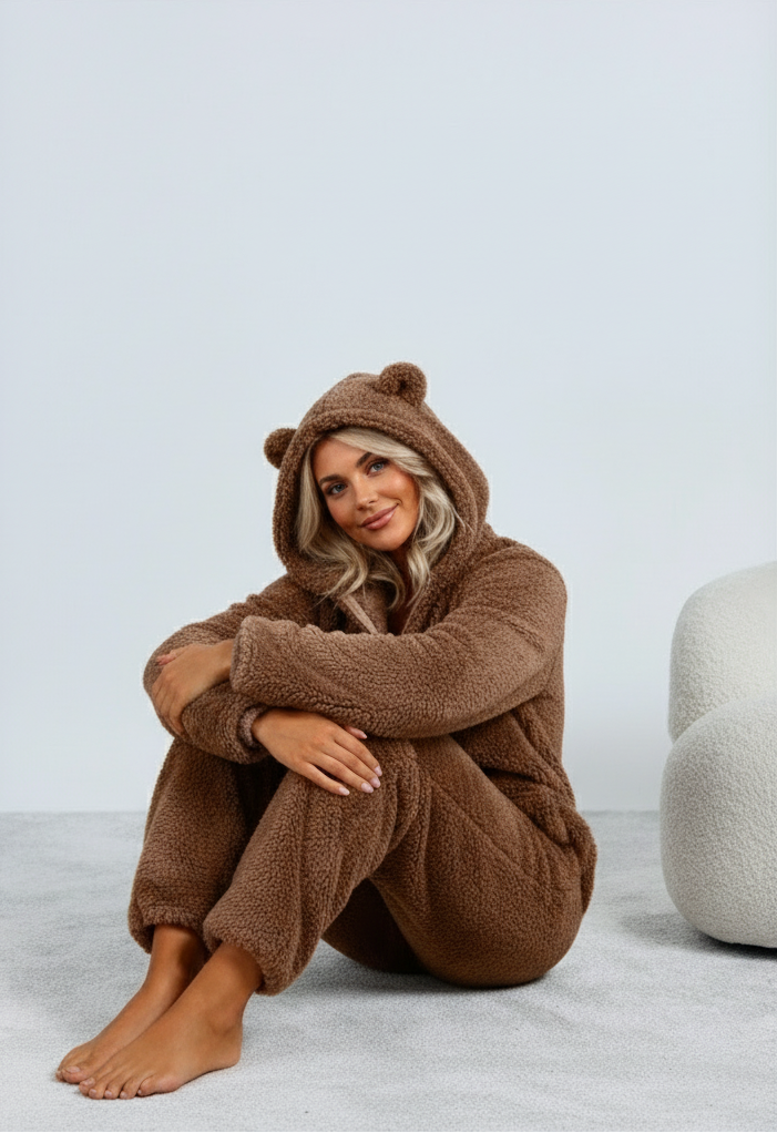 Damski | Onesie Loungewear | Fleece/Sherpa | Uszka Misia | Luźny Krój | Komfortowy