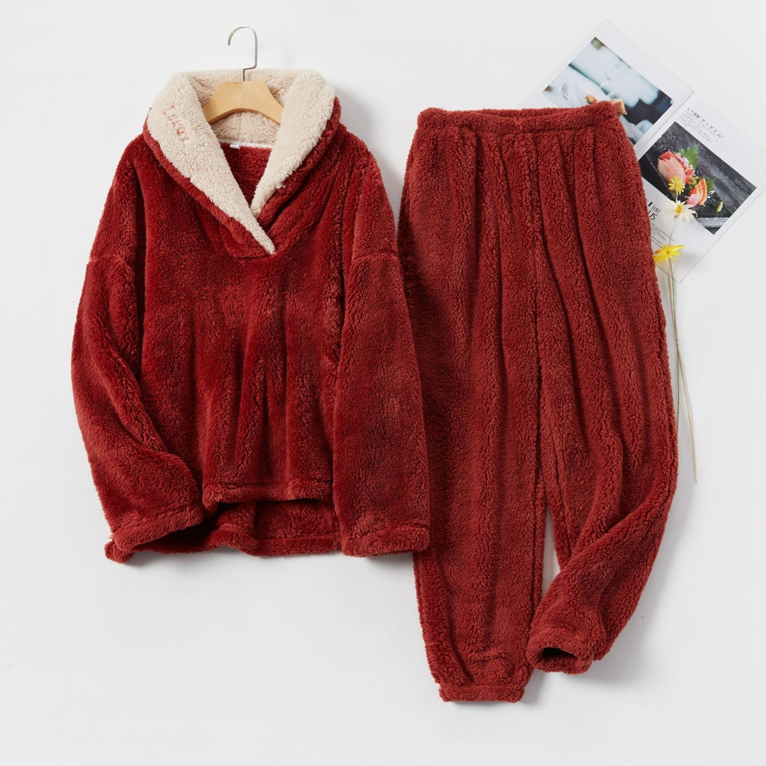Damski | Komplet Piżamowy Fleece | V-dekolt | Luźny Krój | Ciepły i Miękki
