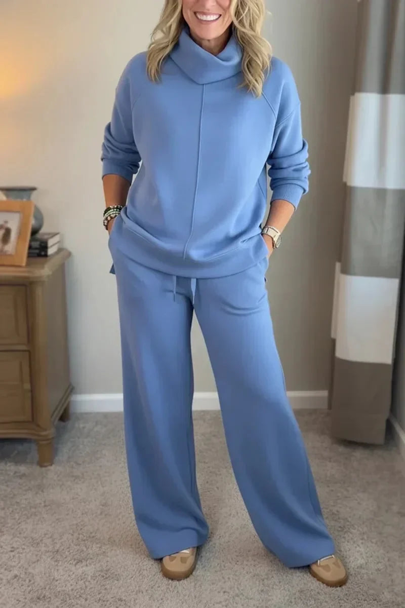 Kobieta | Zestaw Loungewear | Aya | Dzianinowy Komplet | Szerokie Spodnie | Granatowy | All-Season