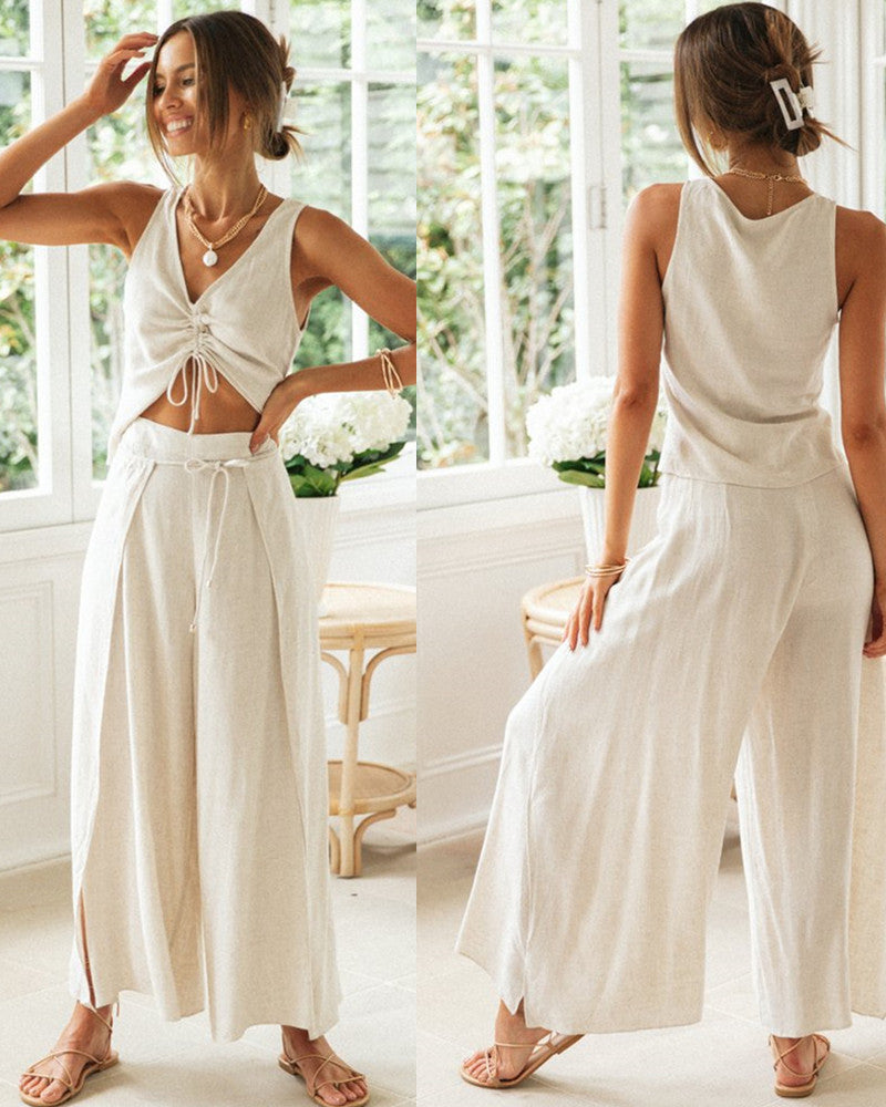 Trinidad | Komplet Dwu-częściowy | Loungewear | Crop Top | Szerokie Spodnie | Lniana Mieszanka | Damski