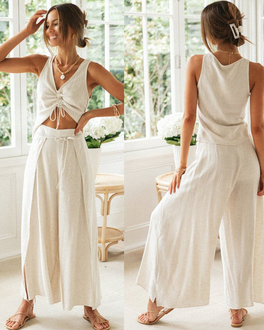 Trinidad | Komplet Dwu-częściowy | Loungewear | Crop Top | Szerokie Spodnie | Lniana Mieszanka | Damski