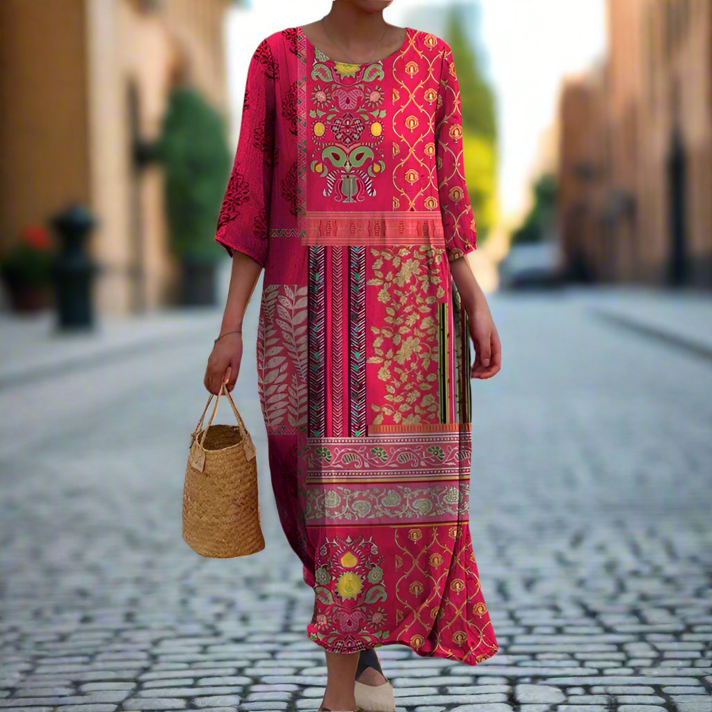 Kobieta | Sukienka Maxi | Czerwony Wzór Etniczny | Swobodny Styl Boho | Idealna na Codzienne Wyjścia