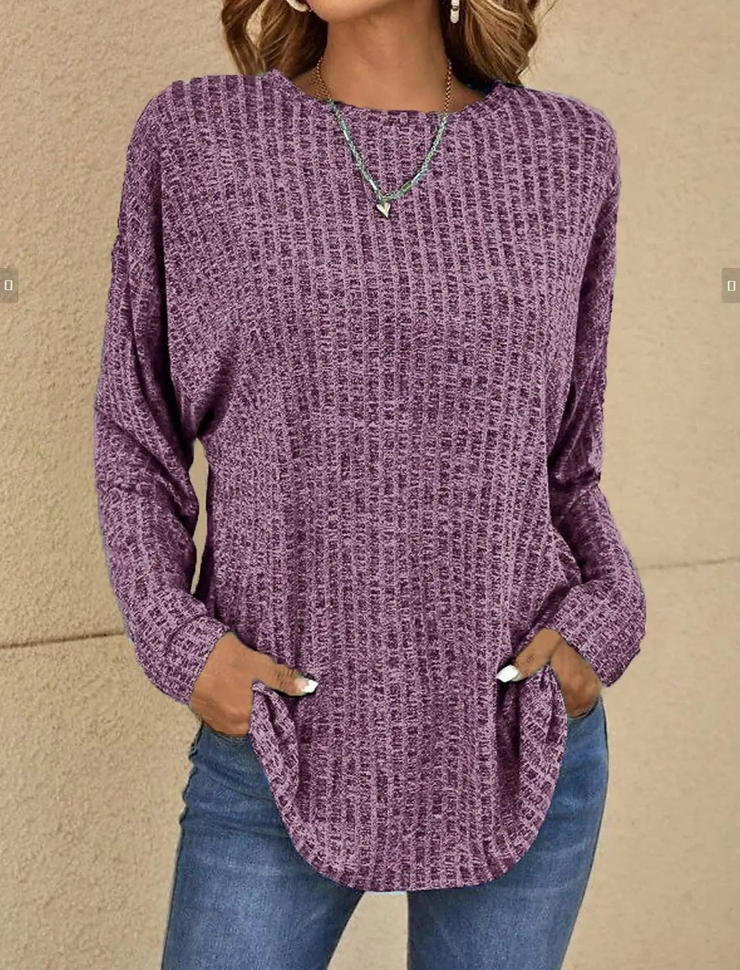 Damski sweter – Luźny krój – Miękka dzianina – Struktura prążkowana – Długie rękawy casual