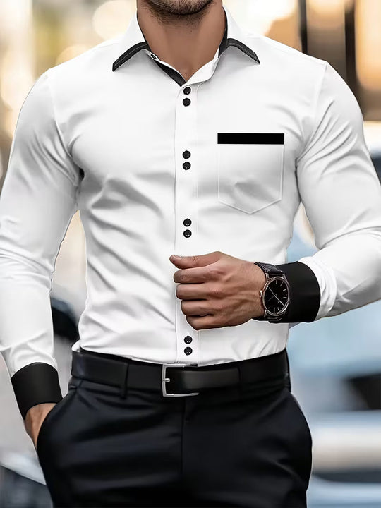 Męska Koszula z Długim Rękawem Slim Fit | Zapięcie na Guziki | Elegancki Dopasowany Krój | Do Biura i Na Formalne Okazje