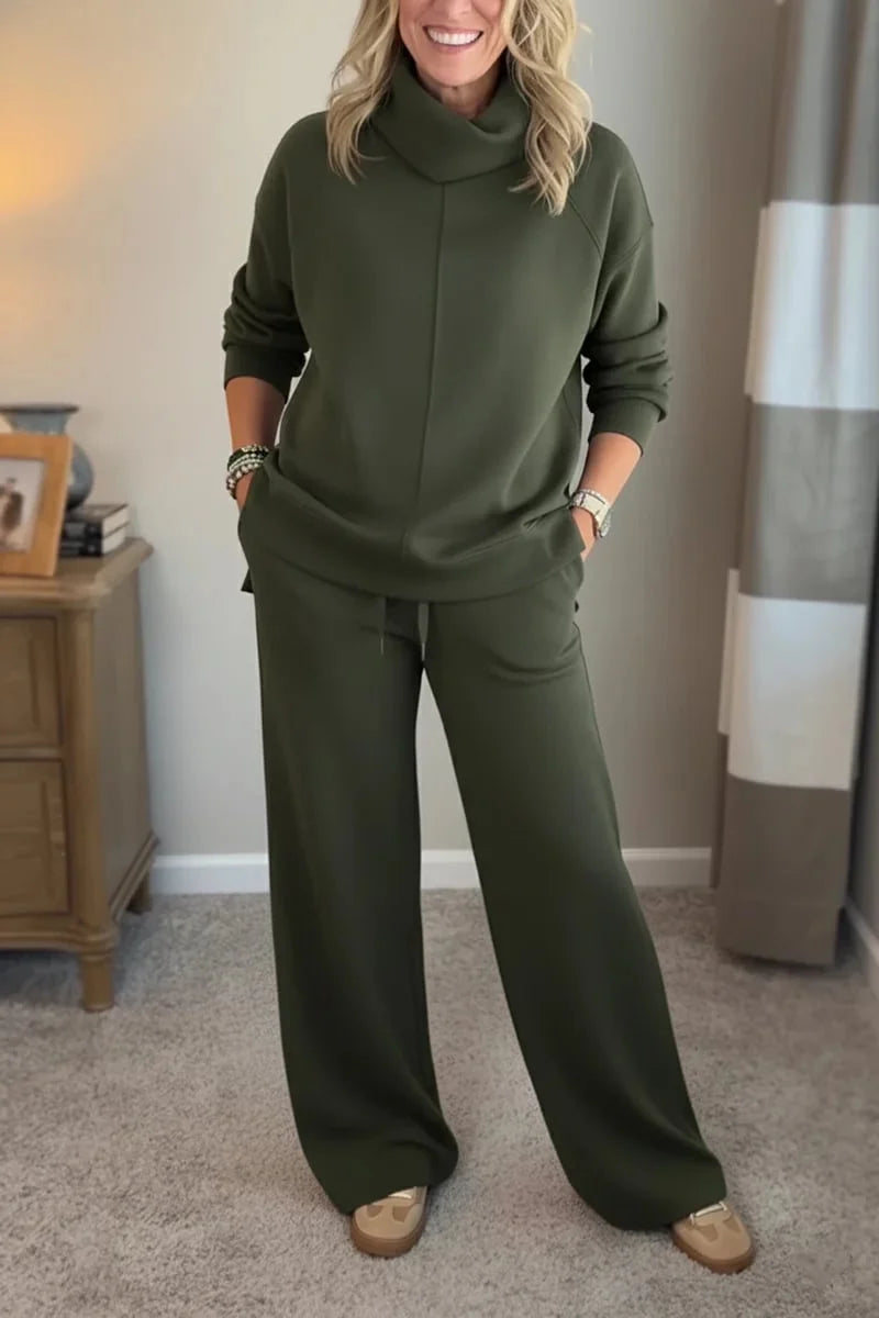 Kobieta | Zestaw Loungewear | Aya | Dzianinowy Komplet | Szerokie Spodnie | Granatowy | All-Season