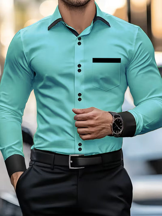 Męska Koszula z Długim Rękawem Slim Fit | Zapięcie na Guziki | Elegancki Dopasowany Krój | Do Biura i Na Formalne Okazje