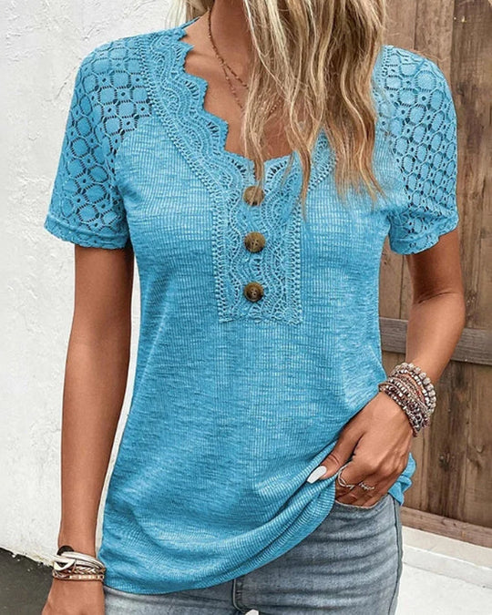T-Shirt z Krótkim Rękawem z Koronkowymi Detalami dla Kobiet | Idealny na Wiosnę i Lato