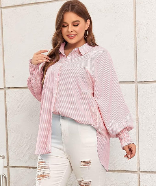Damska Koszula Midi w Paski Oversize | Długi Rękaw z Marszczeniem | Luźny Krój | Casual i Podróże