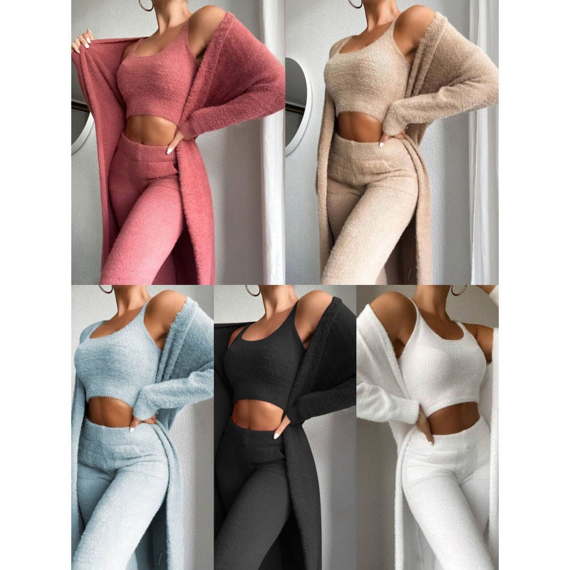 Damski | Komplet Loungewear | Dzianina Fuzzy | Luźny Krój | Elastyczna Talia | Zestaw 3-częściowy
