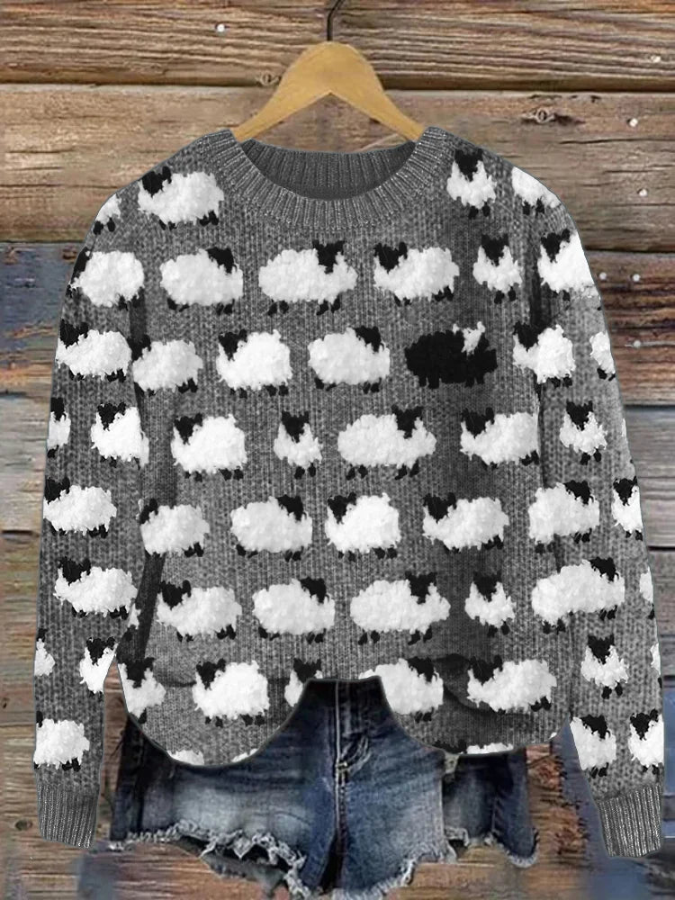 Damski Sweter – Luźny Krój – Wełna Dziana – Okrągły Dekolt – Wzór Owcy