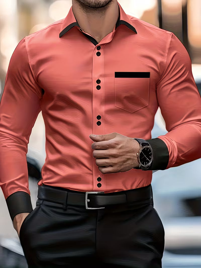 Męska Koszula z Długim Rękawem Slim Fit | Zapięcie na Guziki | Elegancki Dopasowany Krój | Do Biura i Na Formalne Okazje