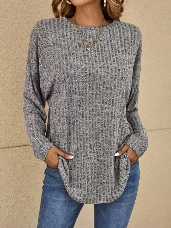 Damski sweter – Luźny krój – Miękka dzianina – Struktura prążkowana – Długie rękawy casual