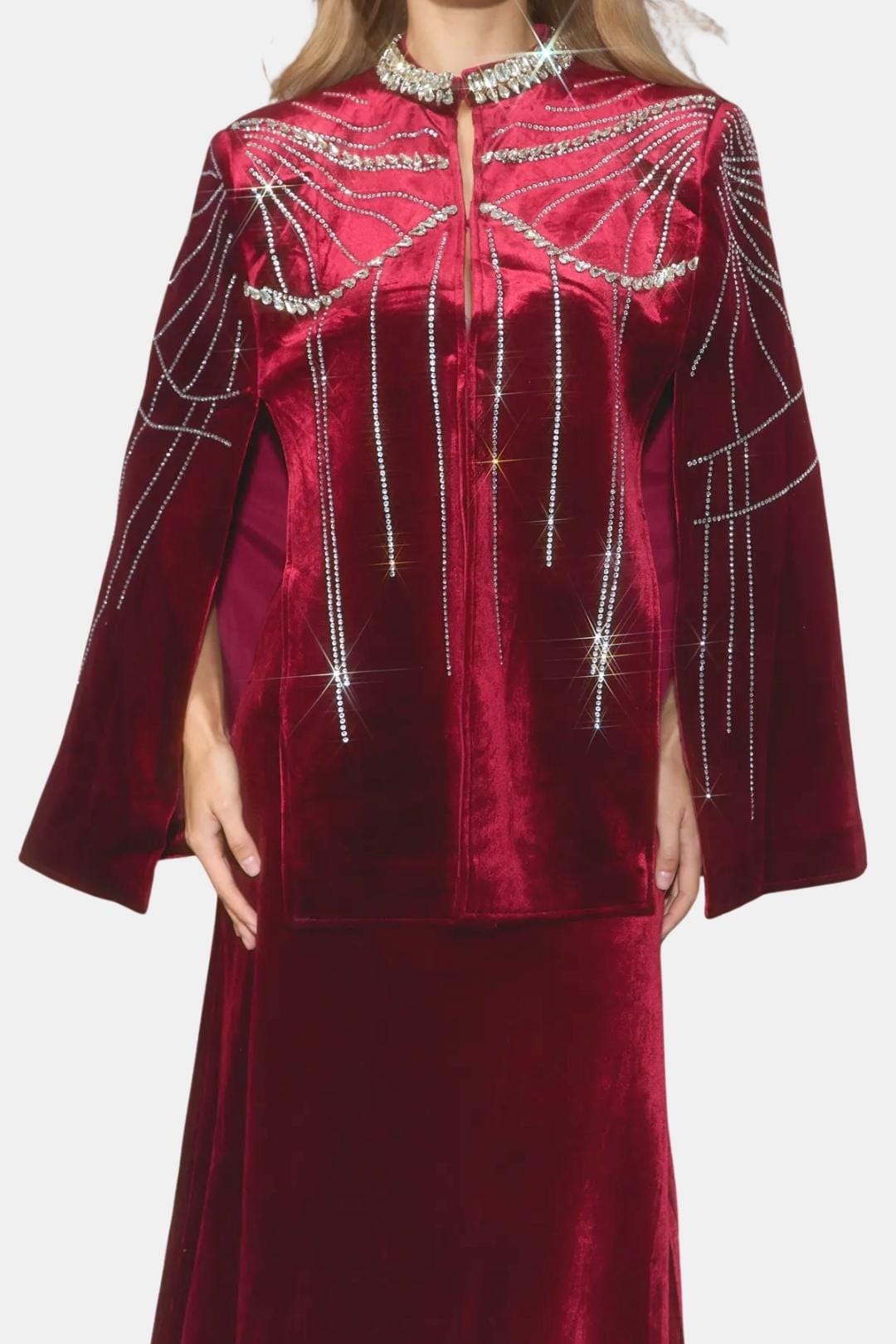 Allie Aksamitny Zestaw ze Spódnicą i Peleryną | Burgund | Elegancki Komplet Maxi