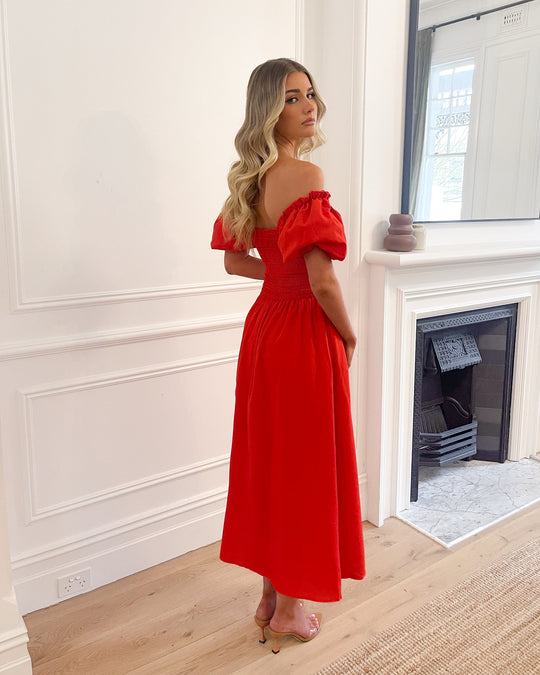 Kobieta | Sukienka Maxi | Dekolt Serce | Plisy w Talii | Falbaniaste Rękawy | Zwiewna Spódnica