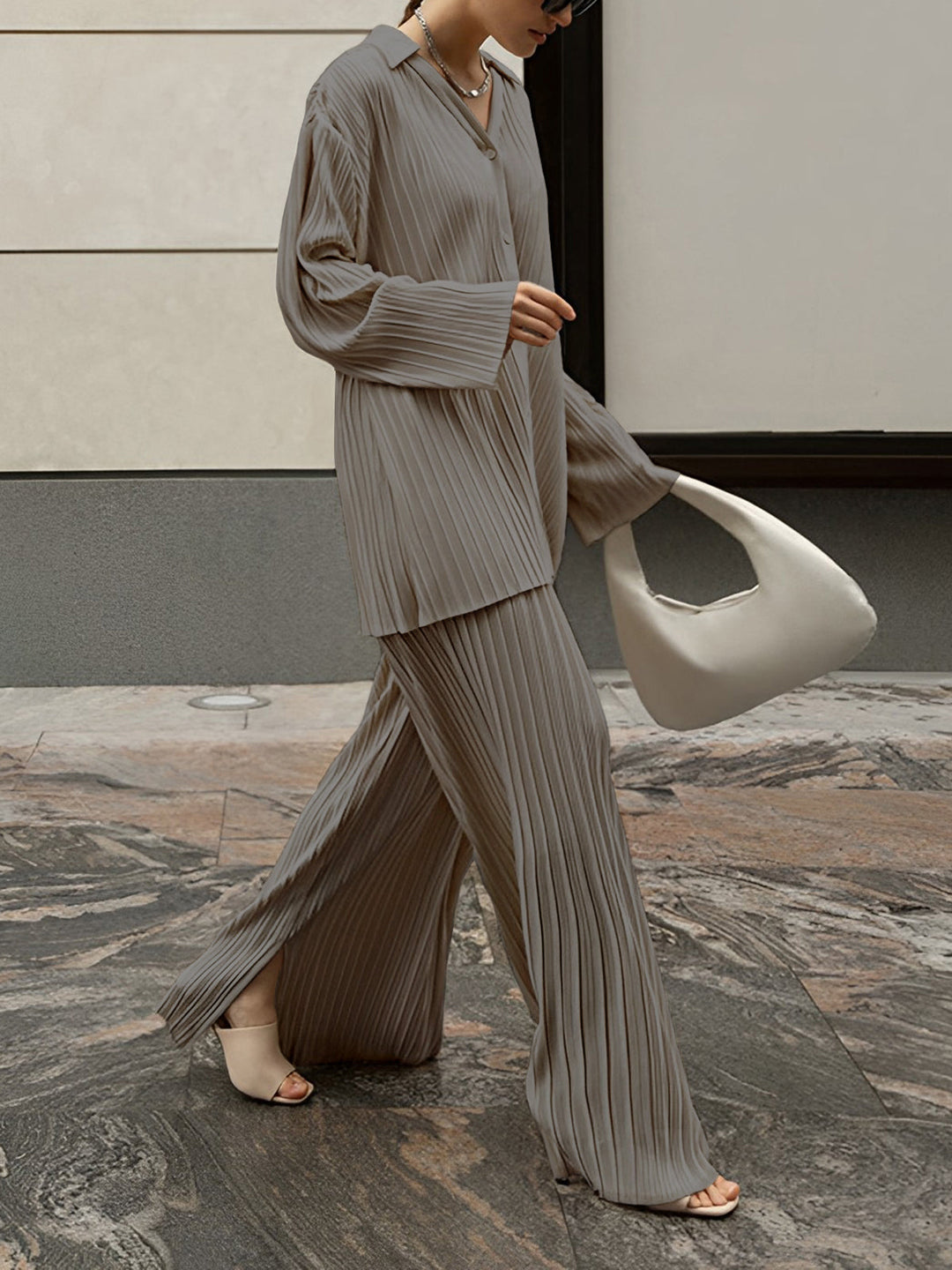 Damski | Komplet Lounge | Plisowany | Szerokie Spodnie | Relaxed Fit | Elegancki