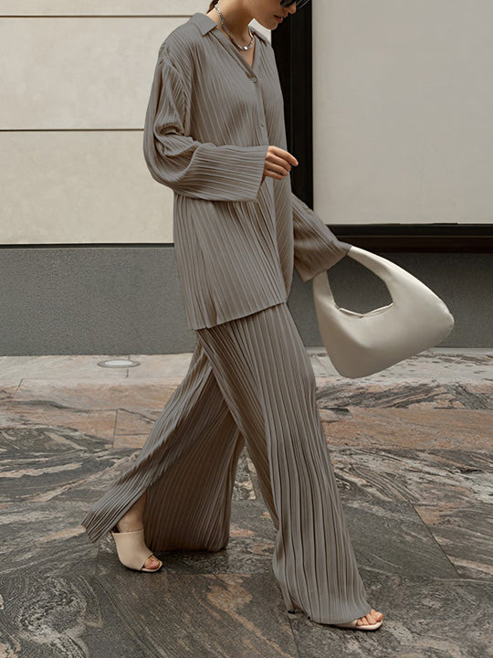 Damski | Komplet Lounge | Plisowany | Szerokie Spodnie | Relaxed Fit | Elegancki