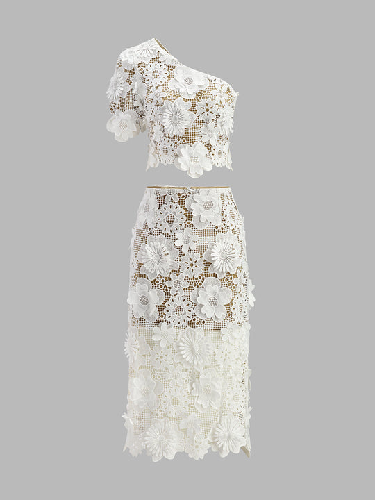Addilynn | Dwuczęściowy zestaw damski | Koronkowy | One shoulder | Midi spódnica | Elegancki