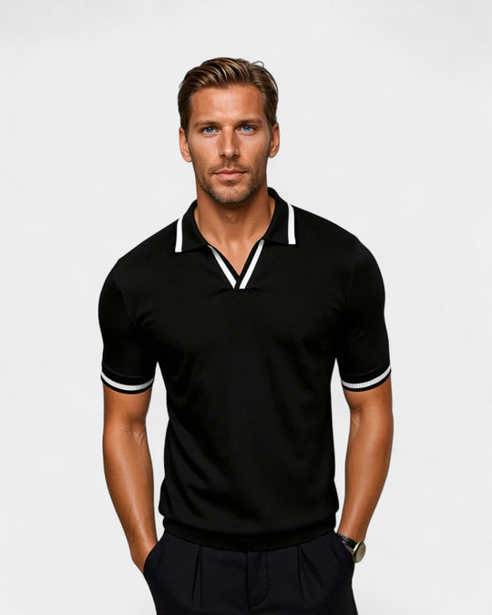 Męskie Polo z Otwartym Kołnierzykiem V | Kontrastowe Wykończenia | Slim Fit | Casual na Lato i Codzienne Stylizacje