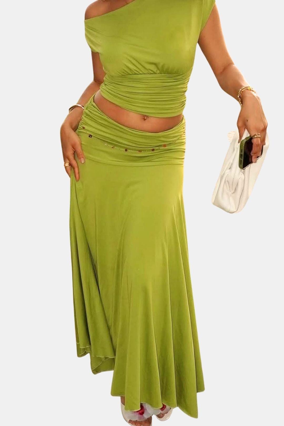 Belinda | Zestaw Maxi Spódnicy z Jednoramiennym Topem | Zielony, Marszczony Design | Elegancki Look na Lato i Wieczór