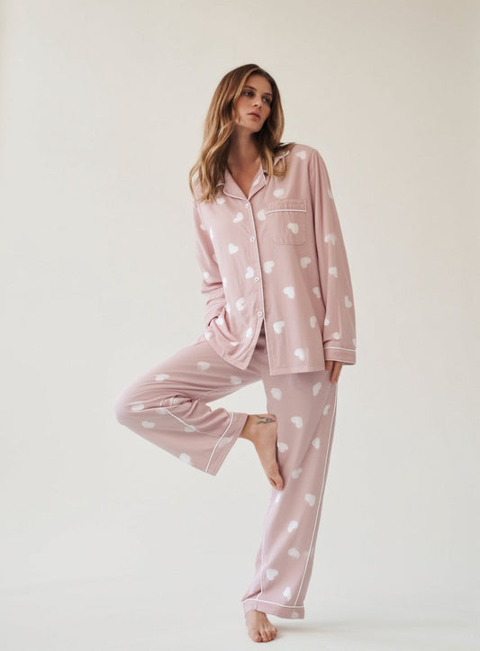 Piżama damska | wzór w serduszka, zapinana koszula