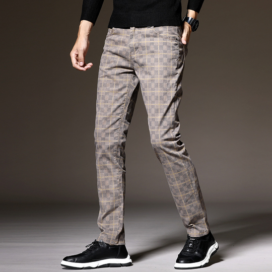 Męskie Spodnie w Kratę Slim Fit | Elegancki Casual na Jesień | Strukturalny Pas | Funkcjonalne Kieszenie