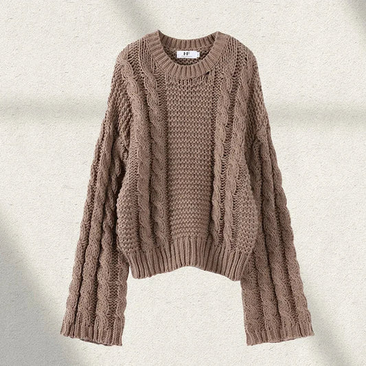 Sweter damski | okrągły dekolt, pleciony wzór