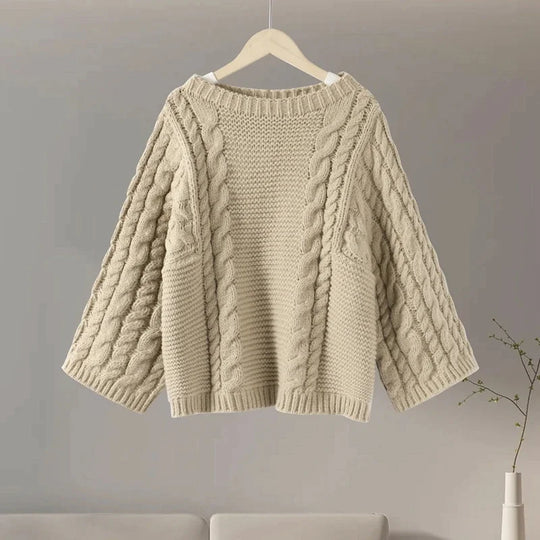 Sweter damski | okrągły dekolt, pleciony wzór