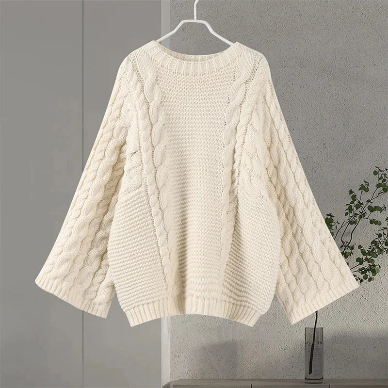 Sweter damski | okrągły dekolt, pleciony wzór