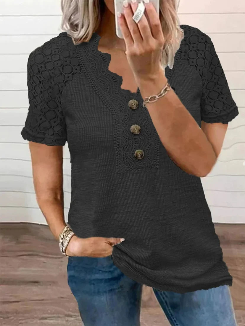 T-Shirt z Krótkim Rękawem z Koronkowymi Detalami dla Kobiet | Idealny na Wiosnę i Lato