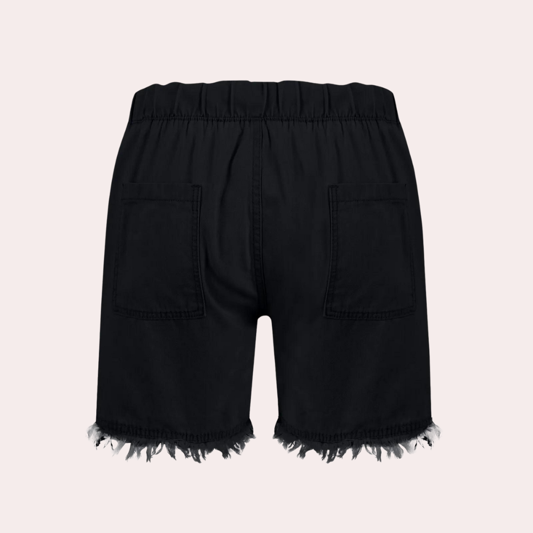 Damskie Szorty Jeansowe z Elastycznym Pasem | Regulowany Sznurek | Frędzlowane Wykończenie | Letnie Szorty Casual