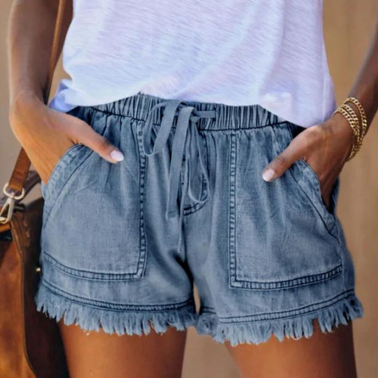 Damskie Szorty Jeansowe z Elastycznym Pasem | Regulowany Sznurek | Frędzlowane Wykończenie | Letnie Szorty Casual