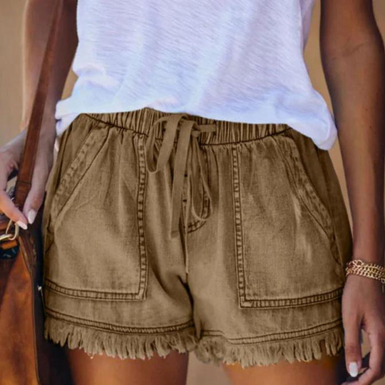 Damskie Szorty Jeansowe z Elastycznym Pasem | Regulowany Sznurek | Frędzlowane Wykończenie | Letnie Szorty Casual