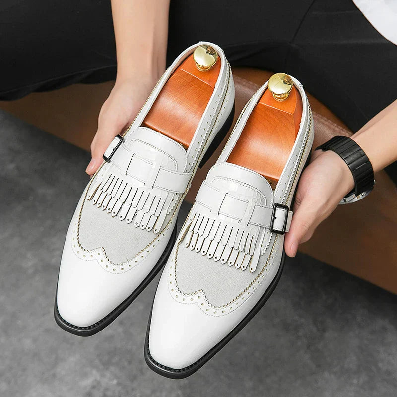 Unisex | Loafers Brogue z Frędzlami i Elegancką Klamrą | Skóra Premium | Wsuwane