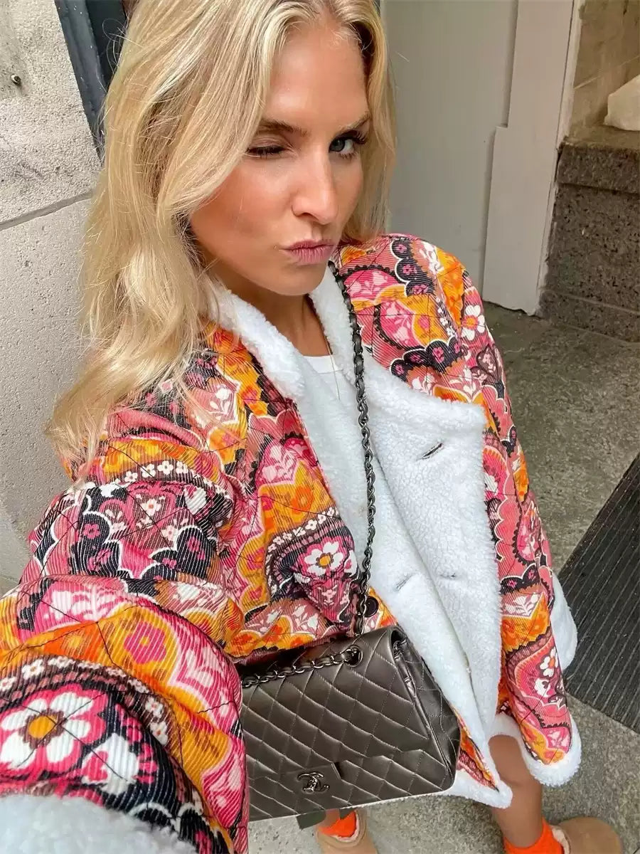 Boho Kurtka z Podszewką Sherpa | Kolorowa i Ciepła | Guziki | Stylowy Look