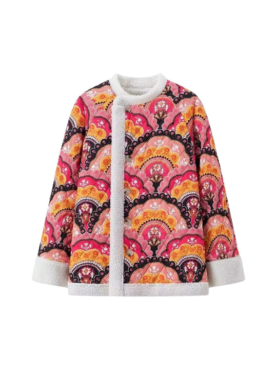 Boho Kurtka z Podszewką Sherpa | Kolorowa i Ciepła | Guziki | Stylowy Look