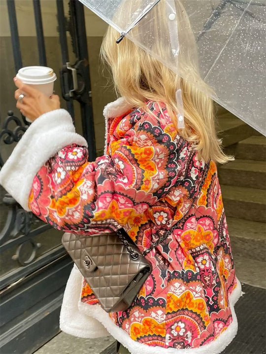 Boho Kurtka z Podszewką Sherpa | Kolorowa i Ciepła | Guziki | Stylowy Look