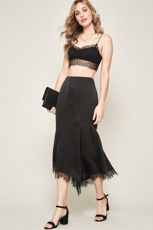 Spódnica midi satynowa | krój syrenka, koronka
