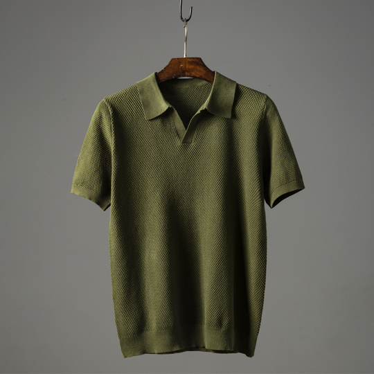 Męska Koszulka Polo z Krótkim Rękawem | Wzorzysty Kołnierzyk i Dekolt V-Neck | Regular Fit | Idealna na Letnie Stylizacje