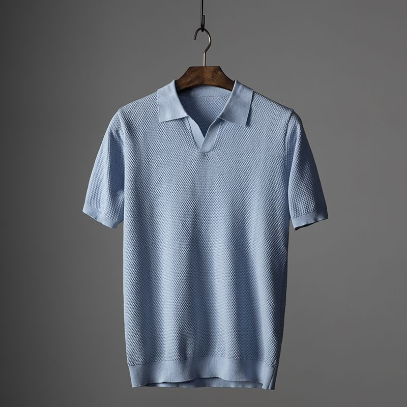 Męska Koszulka Polo z Krótkim Rękawem | Wzorzysty Kołnierzyk i Dekolt V-Neck | Regular Fit | Idealna na Letnie Stylizacje
