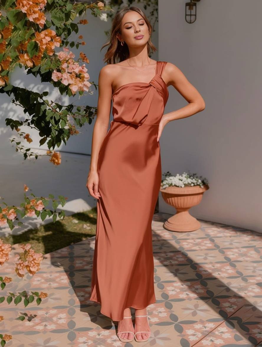Kobieta | Satynowa Sukienka Maxi | Na Jedno Ramię | Luksusowa Wieczorowa Kreacja | Styl Elegancki i Wyrafinowany