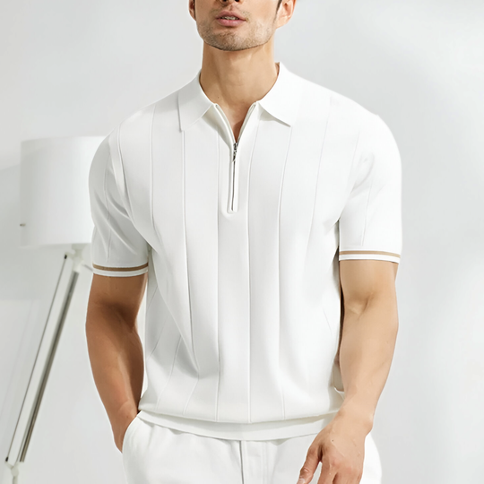 Męska Koszulka Polo z Krótkim Rękawem | Zamek Błyskawiczny | Paski na Rękawach | Regular Fit | Casual i Smart Casual