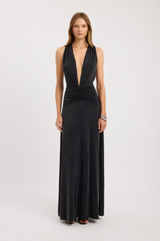 Kobieta | Sukienka Maxi | Dekolt w Serek | Marszczona Talia | Nowoczesna Elegancja