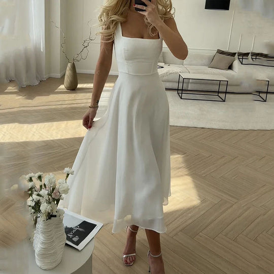 Céleste | Elegancka Sukienka Midi Damska | Kwadratowy Dekolt | Rozkloszowany Krój A-Linii | Na Wesele i Letnie Przyjęcia