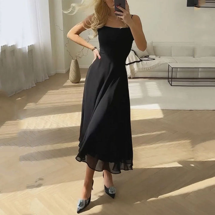 Céleste | Elegancka Sukienka Midi Damska | Kwadratowy Dekolt | Rozkloszowany Krój A-Linii | Na Wesele i Letnie Przyjęcia