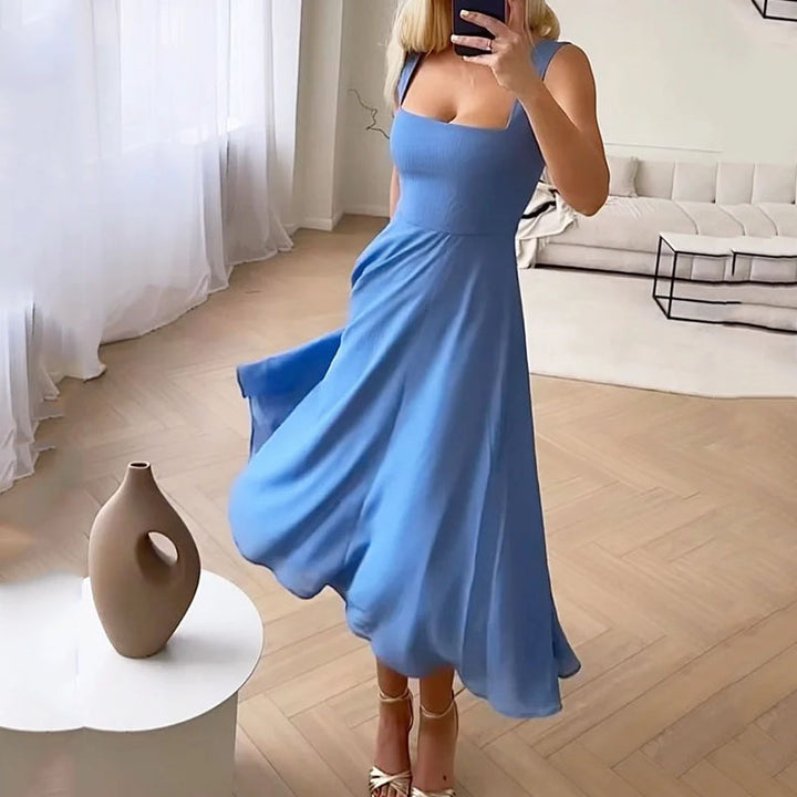 Céleste | Elegancka Sukienka Midi Damska | Kwadratowy Dekolt | Rozkloszowany Krój A-Linii | Na Wesele i Letnie Przyjęcia